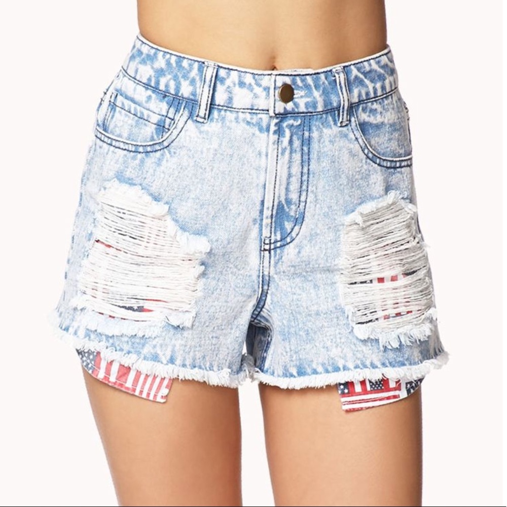 Forever 21 American Flag Shorts High Rise Cutoff Denim Distressed Acid Wash USA